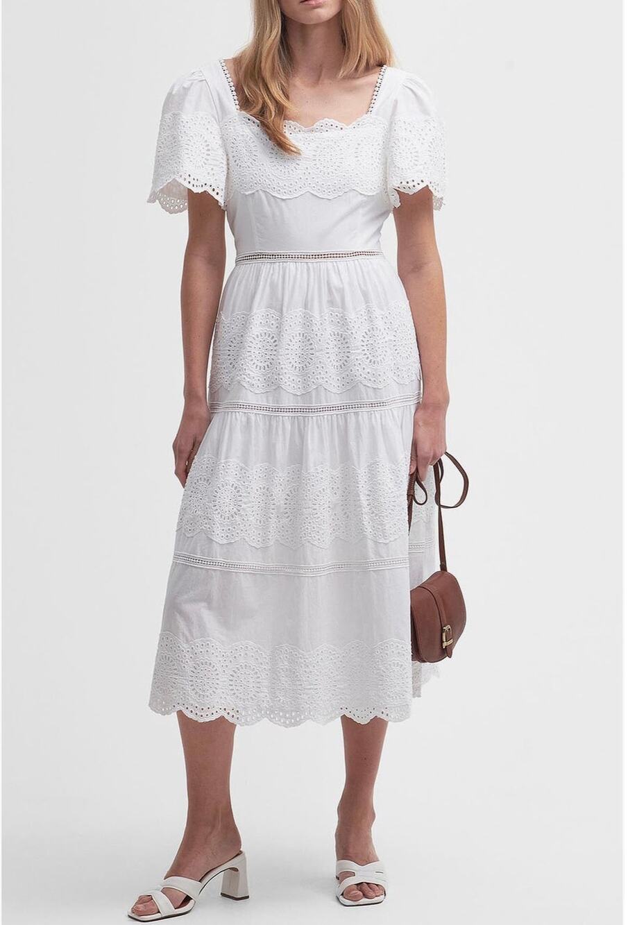 Barbour Joanne Eyelet Embroidered Tiered Cotton Midi Dress (see narrative & pics
